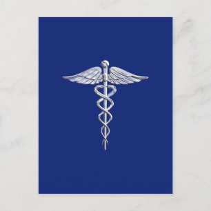 Silver Caduceus Medical Symbol on Navy Blue Decor Postcard