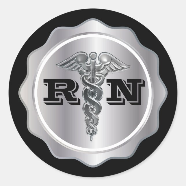 Silver Caduceus RN Nurse | Medical Classic Round Sticker (Front)