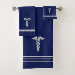 Silver Caduceus & Stripes on Navy Blue Bath Towel Set