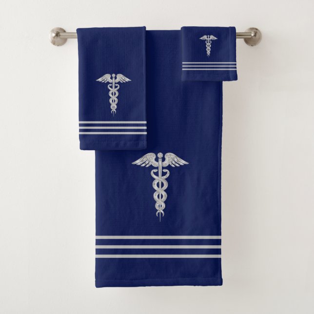 Silver Caduceus & Stripes on Navy Blue Bath Towel Set (Insitu)