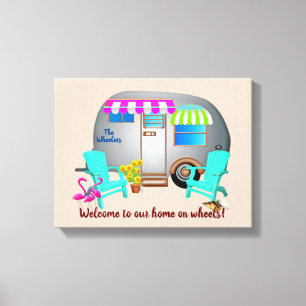 Silver Camper Welcome Name Stretched Canvas Print