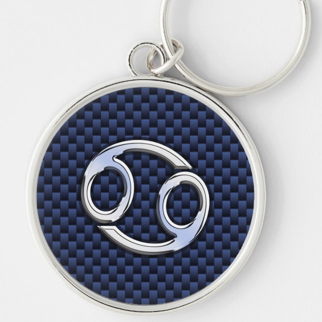 Silver Cancer Sign on Navy Blue Carbon Fibre Print Keychain (Front)