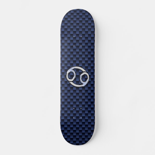 Silver Cancer Sign on Navy Blue Carbon Fibre Print Skateboard (Front)