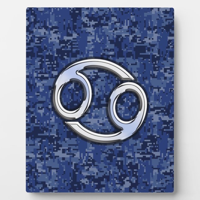 Silver Cancer Zodiac Sign Navy Blue Digital Camo Plaque (Front)