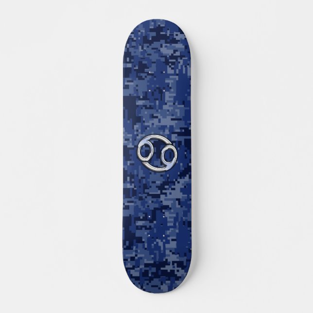 Silver Cancer Zodiac Sign Navy Blue Digital Camo Skateboard (Front)