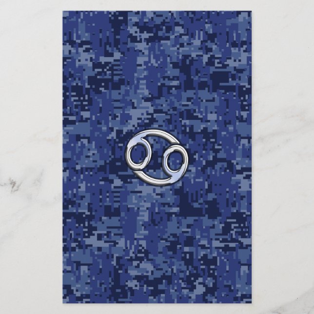 Silver Cancer Zodiac Sign Navy Blue Digital Camo Stationery (Front)