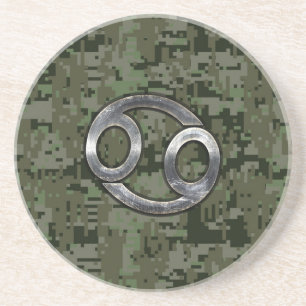 Silver Cancer Zodiac Sign on Green Digital Camo Coaster