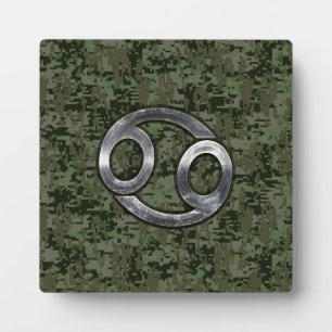 Silver Cancer Zodiac Sign on Green Digital Camo Plaque