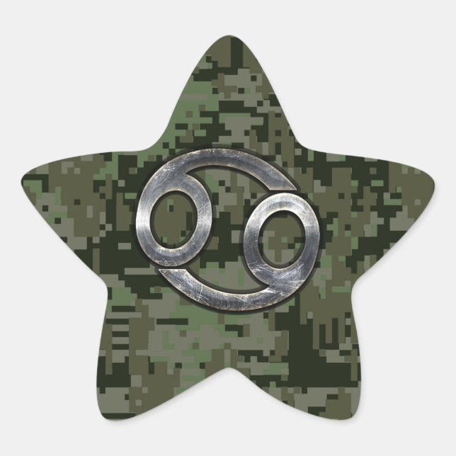 Silver Cancer Zodiac Sign on Green Digital Camo Star Sticker (Front)