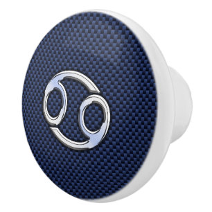 Silver Cancer Zodiac Symbol Navy Carbon Fibre Ceramic Knob