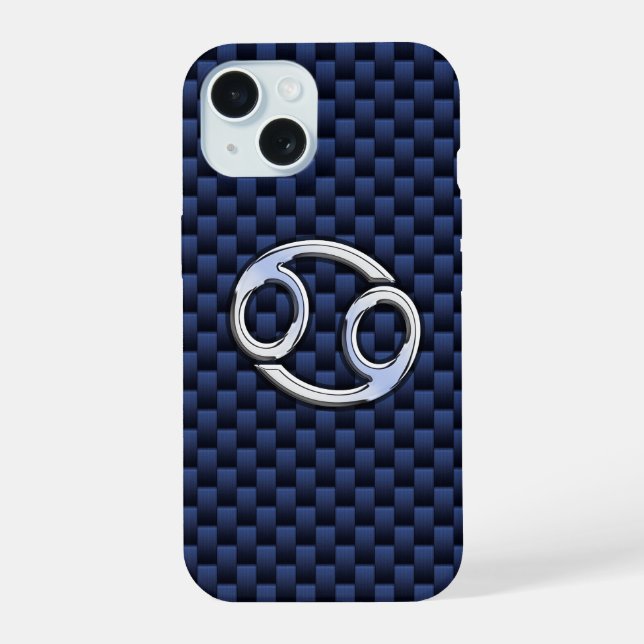 Silver Cancer Zodiac Symbol Navy Carbon Fibre iPhone 15 Case (Back)