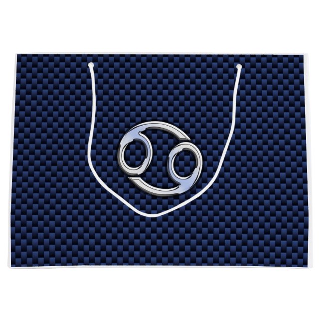 Silver Cancer Zodiac Symbol Navy Carbon Fibre Large Gift Bag (Front)