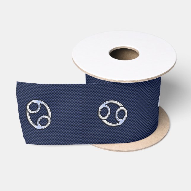 Silver Cancer Zodiac Symbol Navy Carbon Fibre Satin Ribbon (Spool)