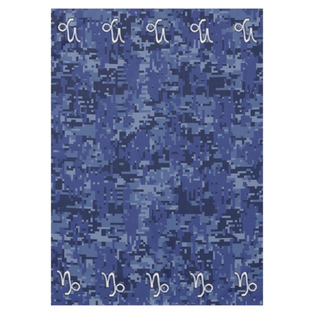 Silver Capricorn Zodiac Symbol Blue Camouflage Tablecloth (Front)