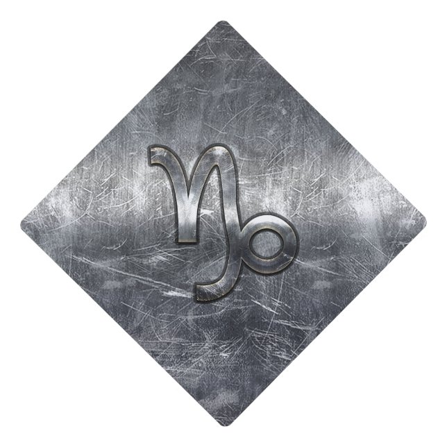 Silver Capricorn Zodiac Symbol Steel Style Graduation Cap Topper (Front)