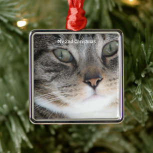 Silver Cat My 2nd Christmas Photo Metal Ornament