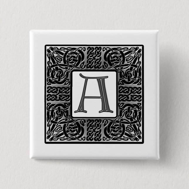 Silver Celtic "A" Monogram 2 Inch Square Button (Front)