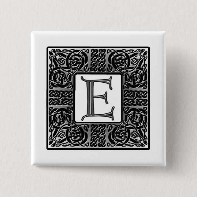 Silver Celtic "E" Monogram 2 Inch Square Button (Front)