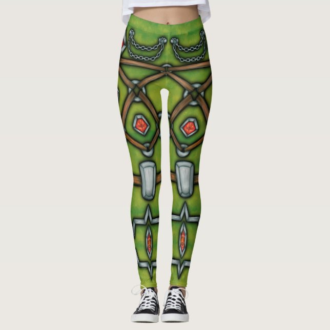Silver Chain and Rubies, Green and Brown Leggings (Front)
