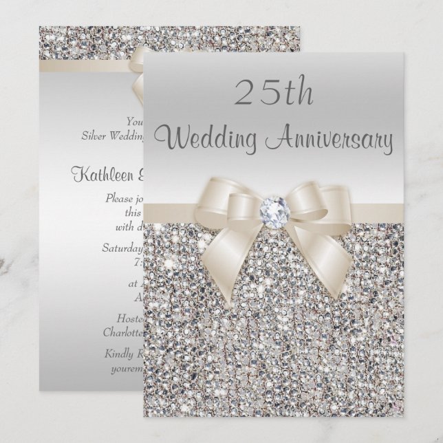 Silver Champagne 25th Wedding Anniversary Sequins Invitation (Front/Back)
