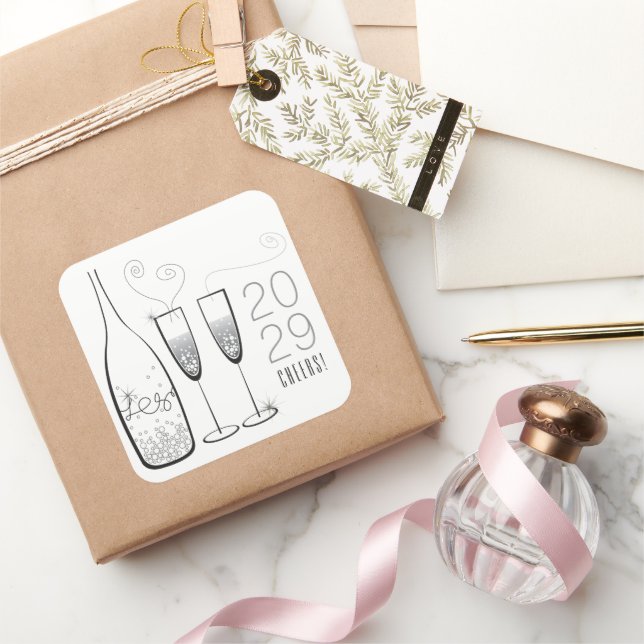 Silver Champagne Cheers Bubbly Stylish New Year Square Sticker (Gifting)