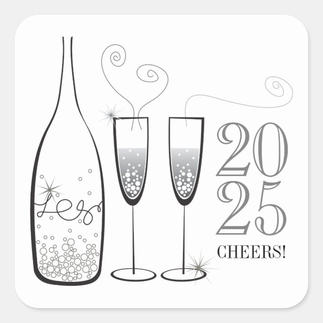 Silver Champagne Cheers Bubbly Stylish New Year Square Sticker (Front)