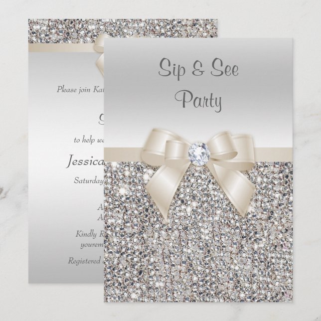 Silver Champagne Sip & See Sequins Invitation (Front/Back)
