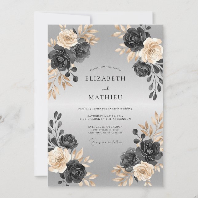 Silver Charcoal Peony Wedding Invitation (Front)