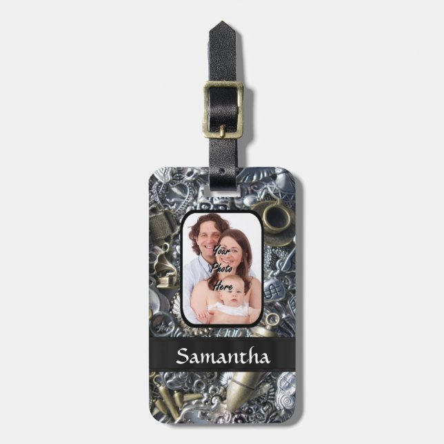 Silver charm collage personalized photo luggage tag (Front Vertical)