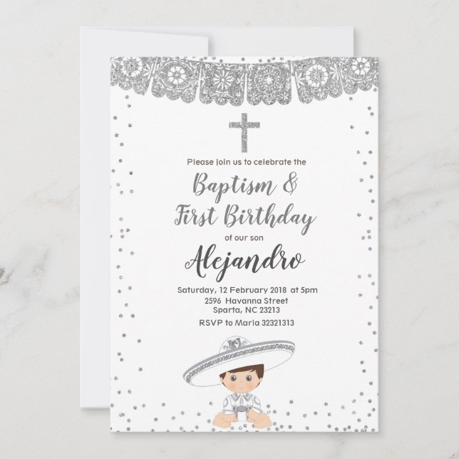 Silver Charro Boy baptism and birthday invitation (Front)