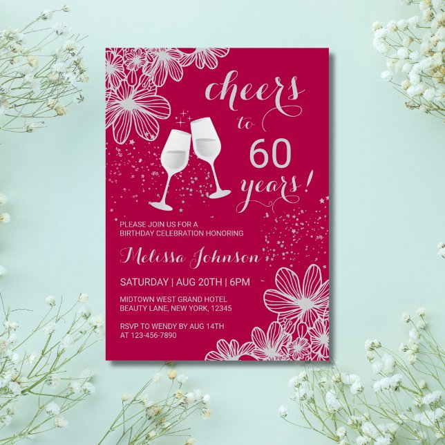 Silver Cheers Floral Red Milestone Birthday Invitation (Creator Uploaded)