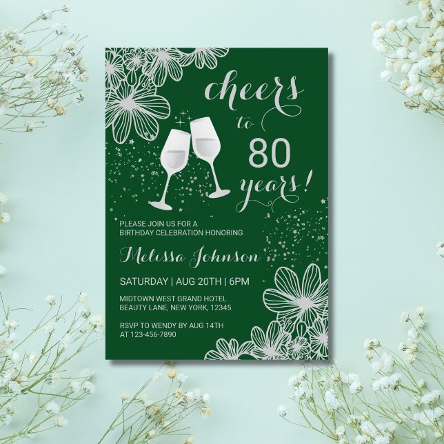 Silver Cheers Wine Floral Green Birthday Invitation (Creator Uploaded)