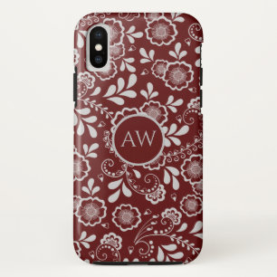 Silver Cherry Red Victorian Floral Lace Monogram iPhone XS Case
