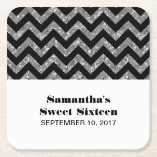 Silver Chevron Glitter Sweet 16 Paper Coasters
