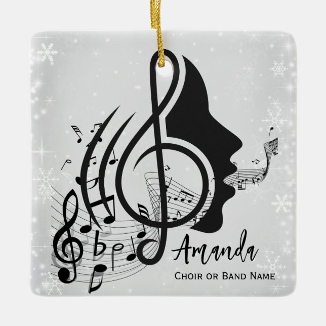 Silver Choir Director Gift Musical Notes Christmas Ceramic Ornament (Front)