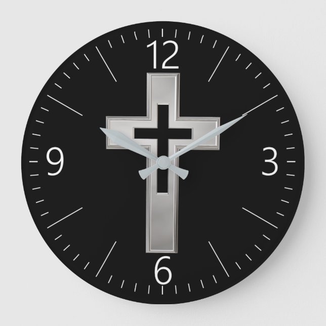Silver Christian cross Large Clock (Front)