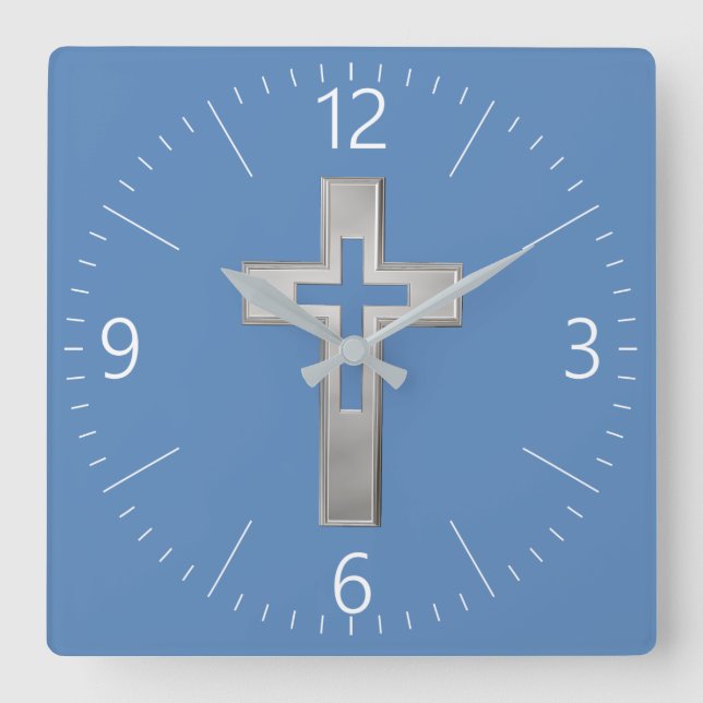 Silver Christian cross Square Wall Clock (Front)