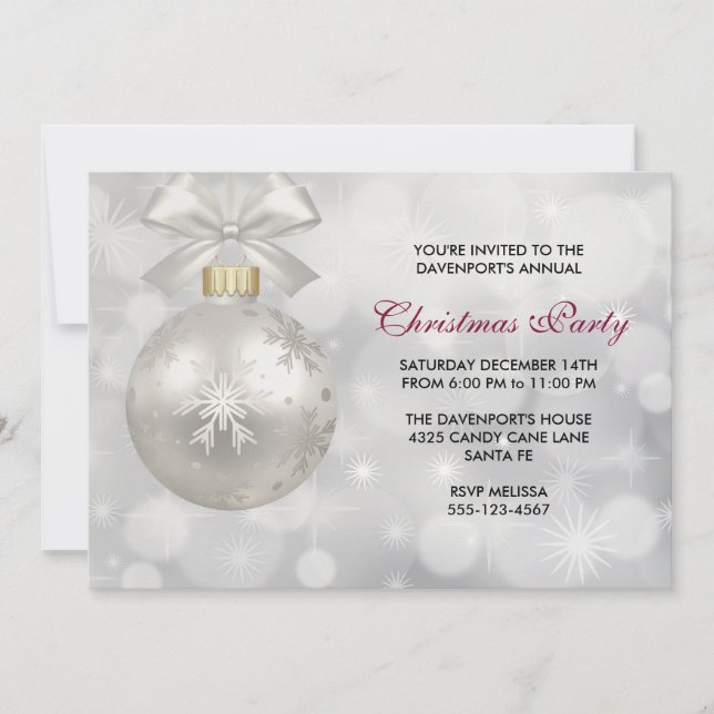 Silver Christmas Ball on Bokeh Lights Party Invitation (Front)