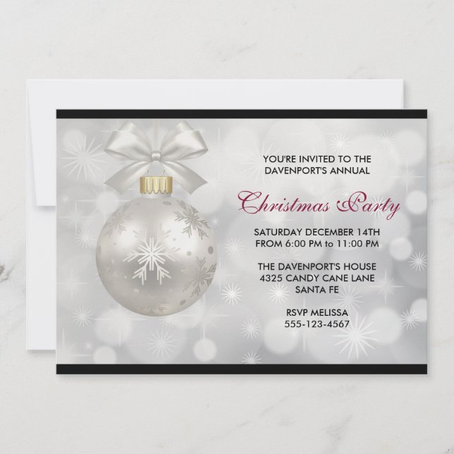 Silver Christmas Ball on Bokeh Lights Party Invitation (Front)