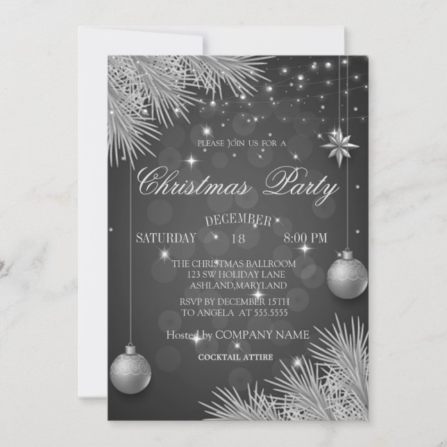 Silver Christmas Balls Branches Christmas Company Invitation (Front)