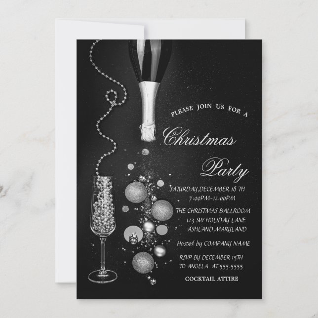 Silver Christmas Balls Champagne Company Party Invitation (Front)