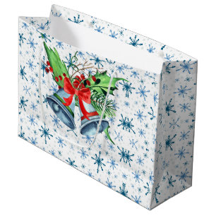 Silver Christmas Bells, Holly, and Blue Snowflakes Large Gift Bag