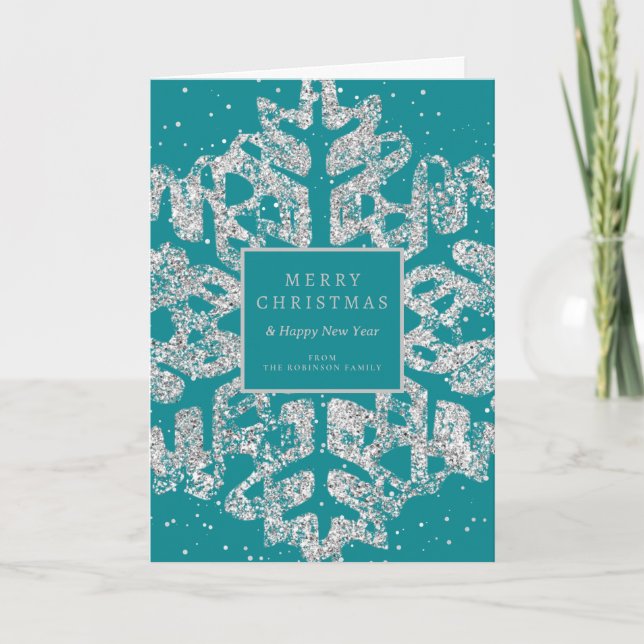 Silver Christmas Glitter Snowflake Corporate Teal  Holiday Card (Front)