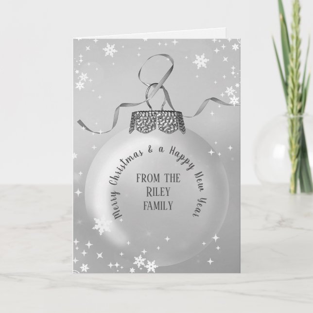 Silver Christmas Ornament with Snowflakes Card (Front)