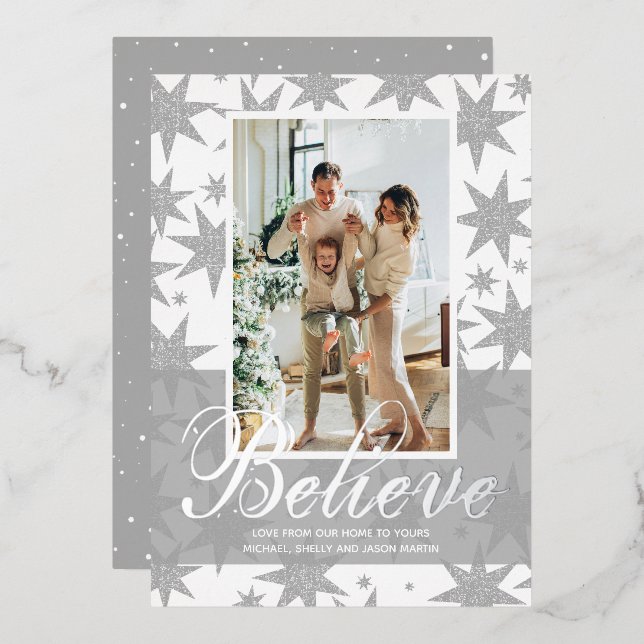 Silver Christmas Photo Believe Foil Carte de vacan (Recto/Verso)