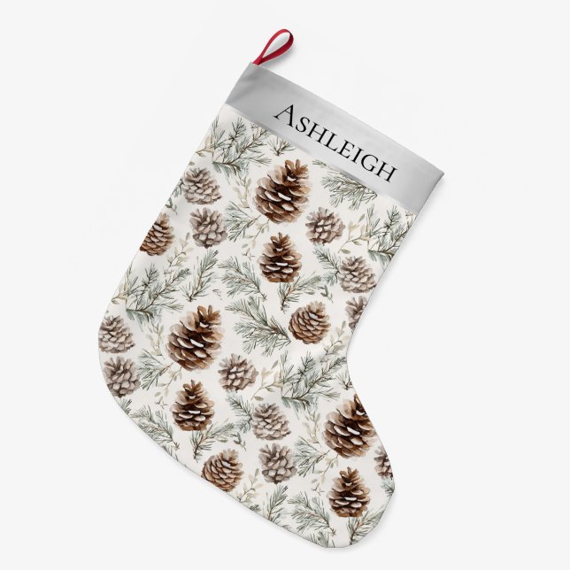 Silver Christmas Pine Cones Large Christmas Stocking (Front (Hanging))