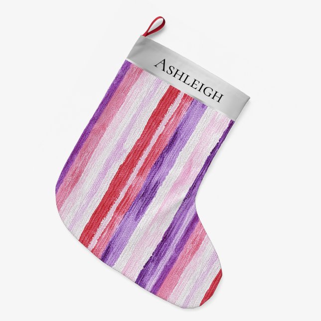 Silver Christmas Purple Pin Red Stripes Large Christmas Stocking (Front (Hanging))