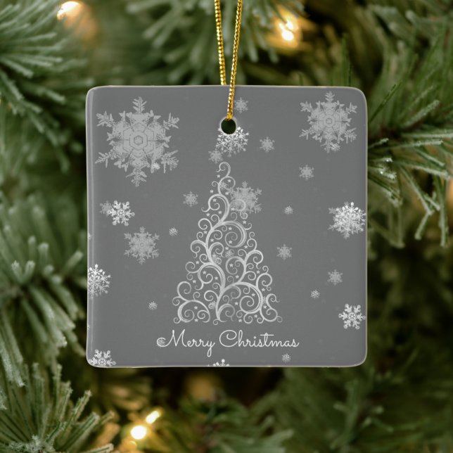 Silver Christmas Tree and Snowflakes  Ceramic Ornament (Tree)