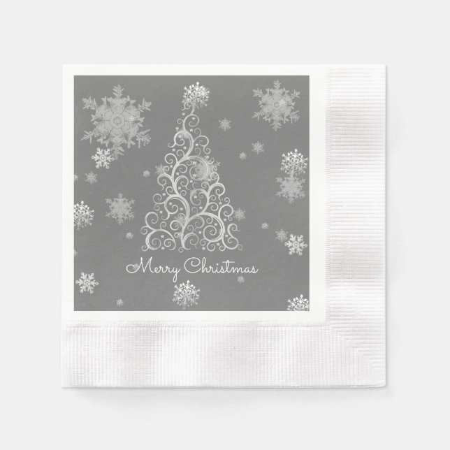 Silver Christmas Tree and Snowflakes Paper Napkin (Front)