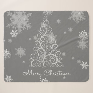 Silver Christmas Tree and Snowflakes Sherpa Blanket